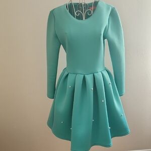 Teal Long Sleeve Pearl Skater Dress
